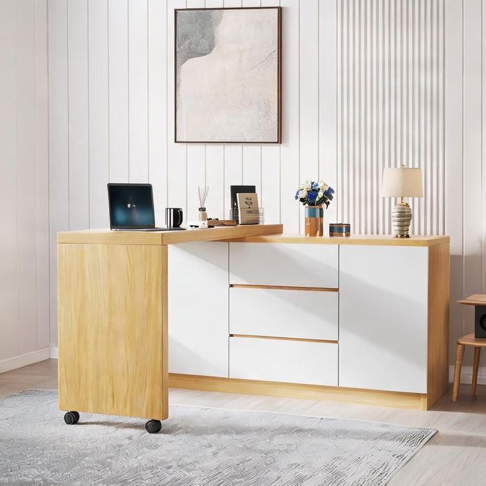Bureau multifonction pliable 120 cm avec rangements plateau rotatif 360° et roulettes blanc et chêne