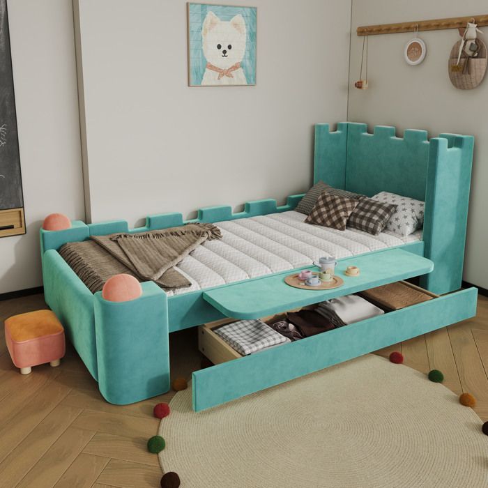 MEUBLIV Lit simple enfant 90x200 cm design château velours bleu vert tablette rabattable et tiroir