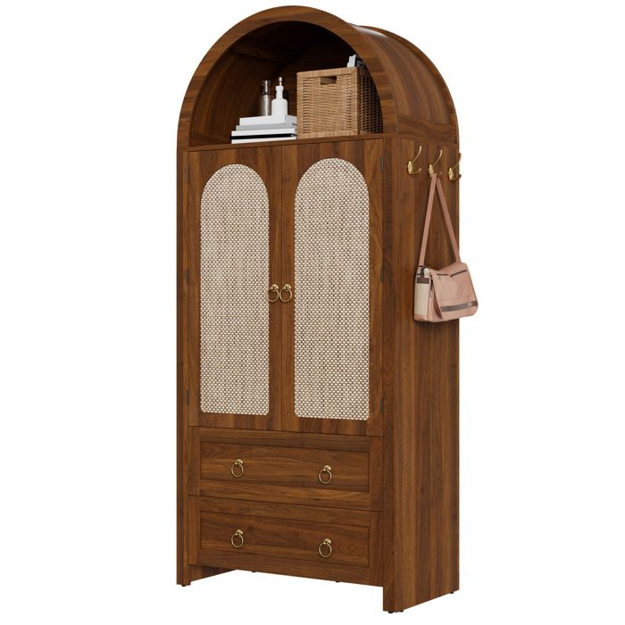 Buffet Haut avec 2 Portes 2 Tiroirs Niche Ouverte et Crochets Latéraux - pour Salon - en MDF - 80×40×180 cm - Noyer