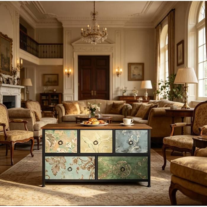 WOVREO Commode de rangement 5 tiroirs multicolore 100 x 30 x 54 cm en tissu MDF et métal