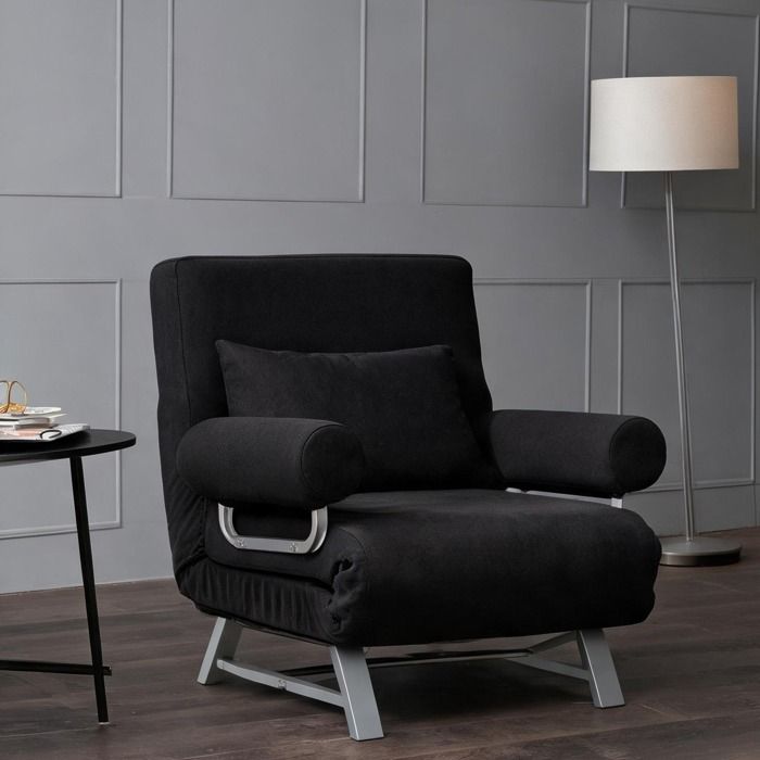 Fauteuil chauffeuse convertible en lin noir dossier inclinable 5 positions piètement métal