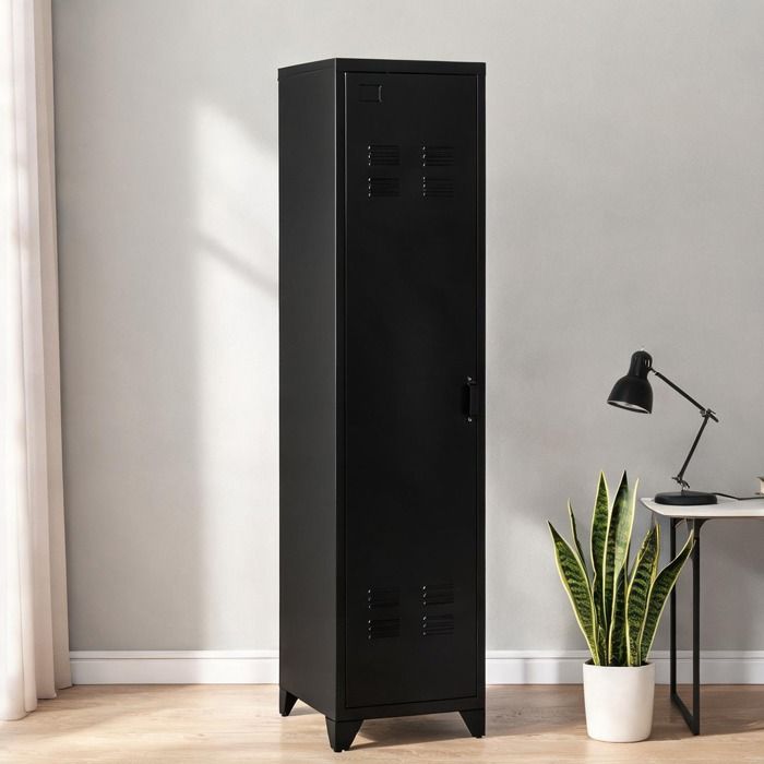 Armoire compacte 43x50x180 cm en métal noir 3 étagères et tringle style industriel