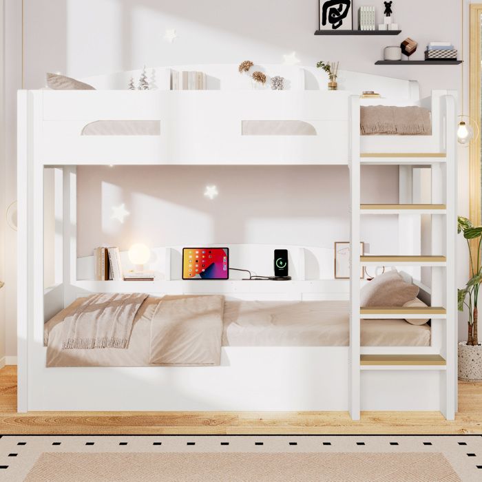Lit superposé avec lit inférieur 90×200 cm prise USB étagères de rangement - MODENVIE - sans matelas Bois MDF - Blanc