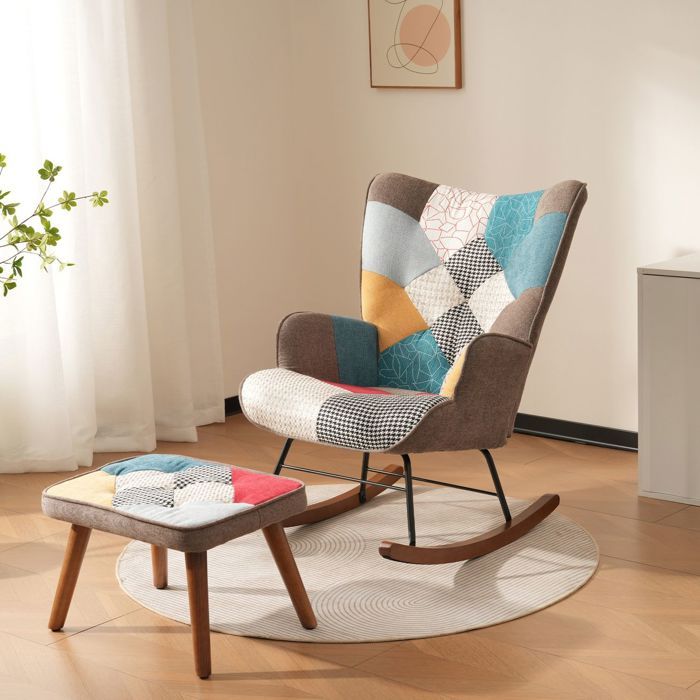 Chaise à bascule - WESTYLE - Tressage avant et arrière - Patchwork coloré - Structure bois massif & métal - Avec repose-pieds