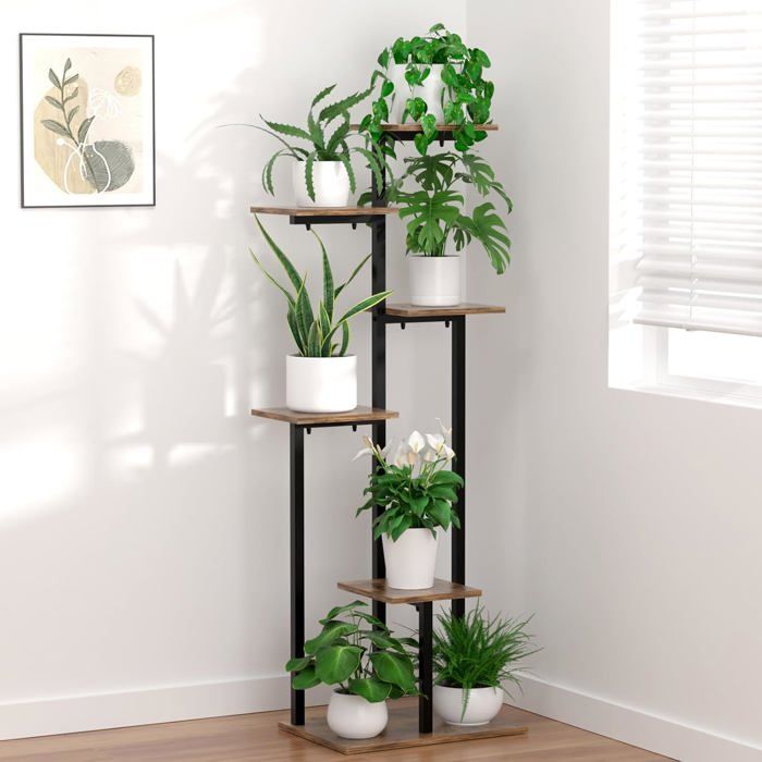 Étagère à Plantes 6 Étages en Métal - Porte-Plante Vertical Gain de Place pour Intérieur Extérieur Balcon Salon & Bureau