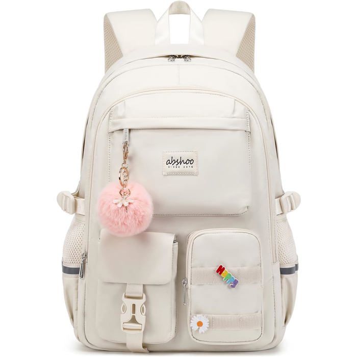 Cartable Fille Primaire Sac à Dos Scolaire Cartable Adolescent Grande Capacité Étanche Multi‑poches pour Collège Lycée - Blanc