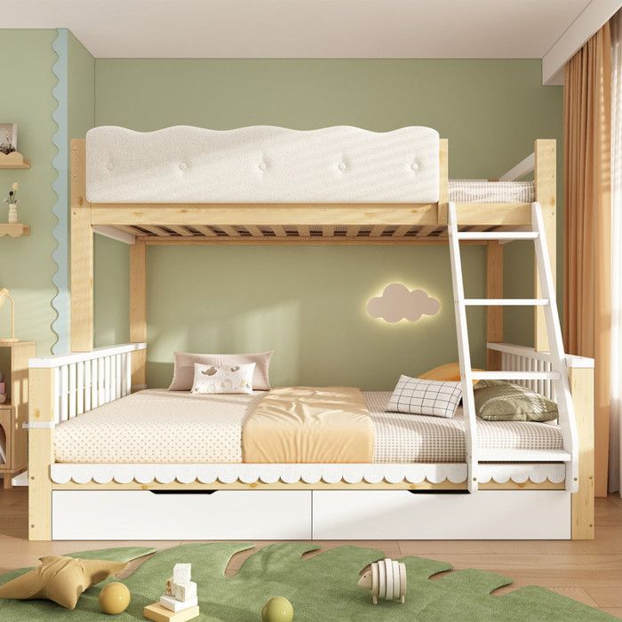 Bladez - Lit superposé enfant 90x200cm/140x200cm lit double avec barrières de sécurité tiroirs et porte-revues - Blanc et chêne