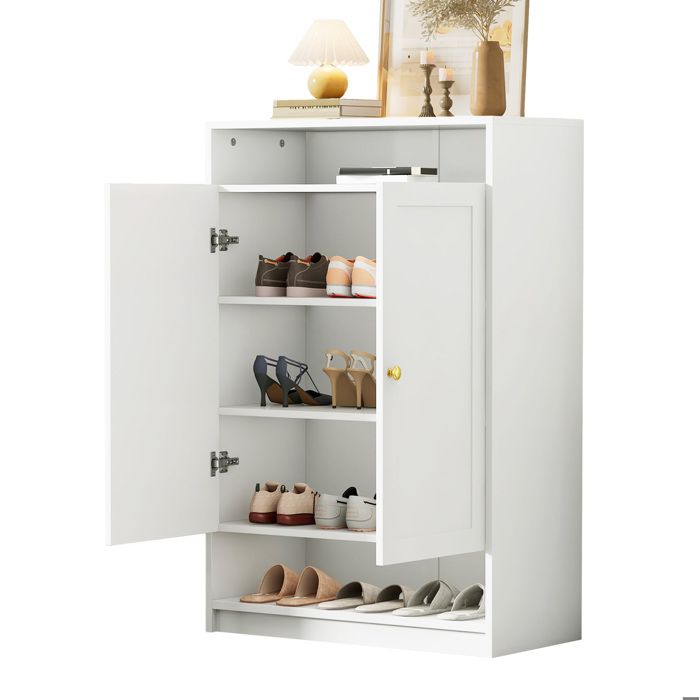 Meuble à chaussures blanc – 2 portes – étagères réglables – poignées dorées – 73 x 34 x 109 cm