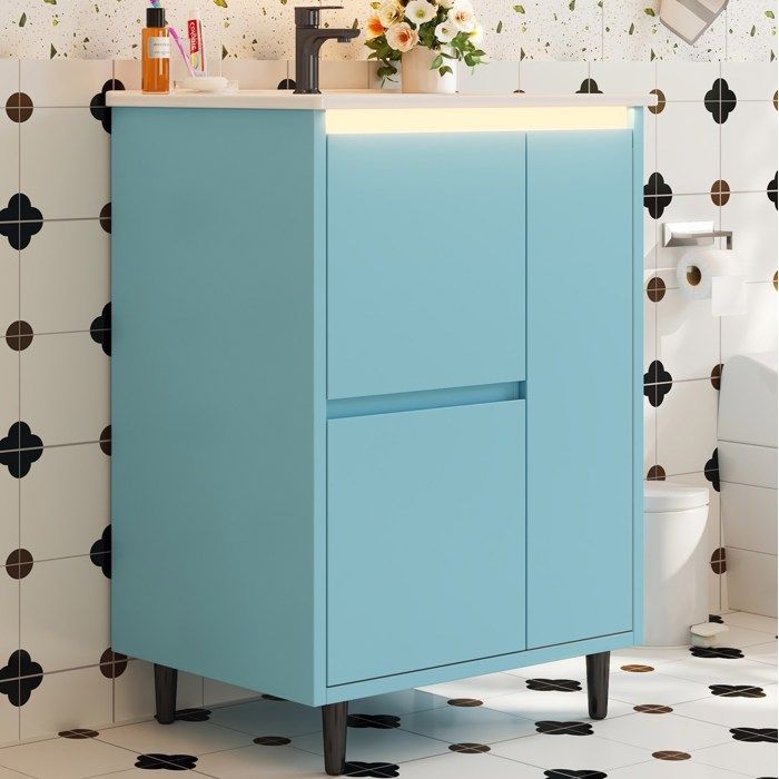 MEULVA Meuble vasque de salle de bain avec vasque intégrée MDF laqué bleu 2 tiroirs 1 porte pieds hauts