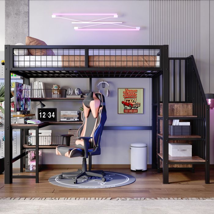 Lit Mezzanine 90x200 avec Bureau et Armoire Cadre en Métal Noir Lit Surélevé 1 Personne avec Étagères Gain de Place