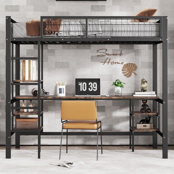 Lit mezzanine noir en métal et bois - BLACKCOLOR - 90x200 cm - 204 5 x 95 x 180 cm - Échelle à 4 marches - Bureau intégré