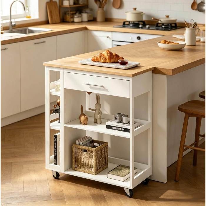 WOVREO Desserte de cuisine mobile 73 x 38 x 88 cm avec tiroir étagères ouvertes et roulettes