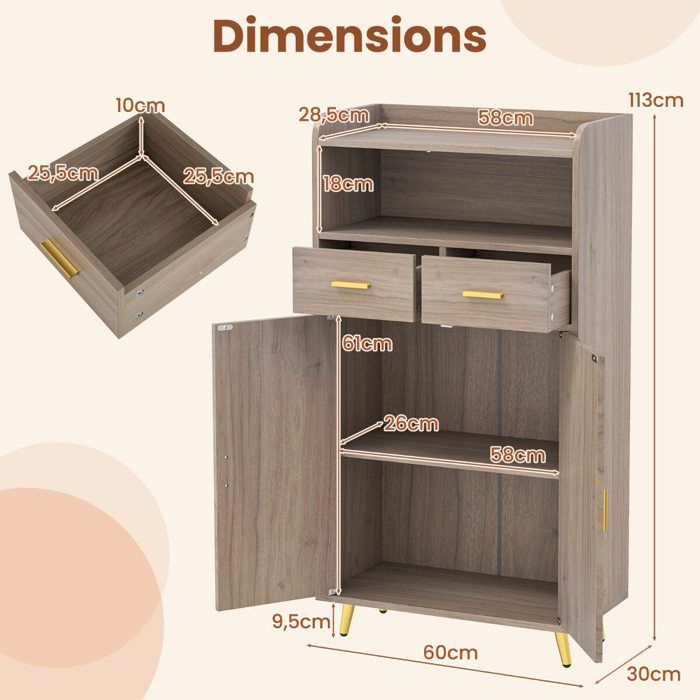 2 tiroirs et 2 portes buffet de cuisine 113 cm avec étagère réglable rangement pour vaisselle et épices gris