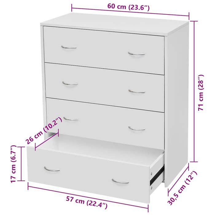 Commode intérieur - Blanc - Buffet Armoire base salon - avec 4 tiroirs - 60x30 5x71 cm - Blanc LL174