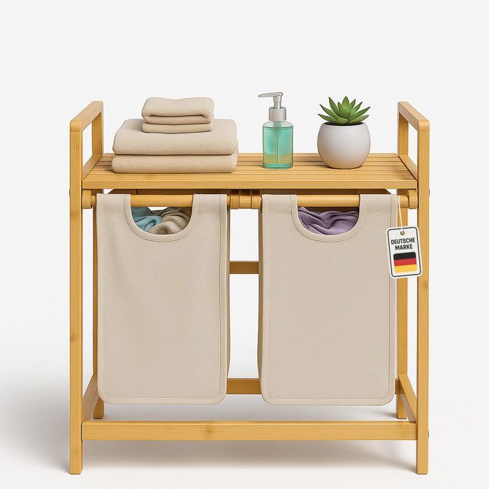 Roxlin Panier à linge en bambou 2 compartiments 100 L – Sacs amovibles étagère gain de place – Crème