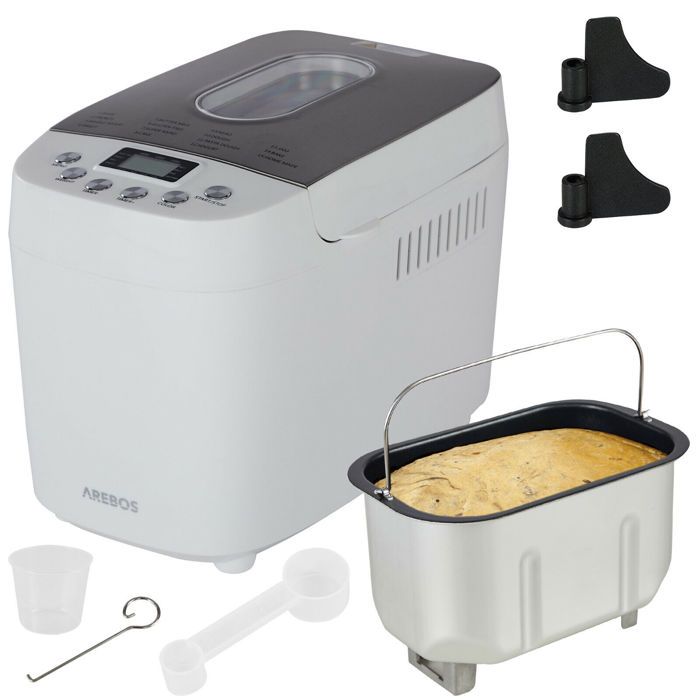 AREBOS Machine à pain 1500 g | 15 programmes | Minuteur | Écran LCD | 3 niveaux de brunissage et tailles de pain | 850 W | Blanc