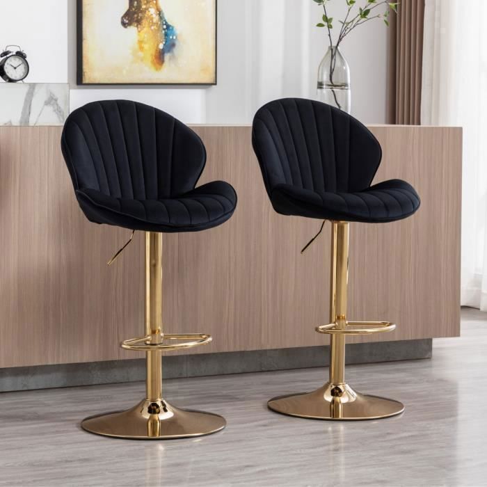 Wahson Tabouret Bar Lot de 2 Tabouret Bar Réglable Chaise Bar Haute avec Pieds en Métal pour Cuisine et Comptoir Velours Noir