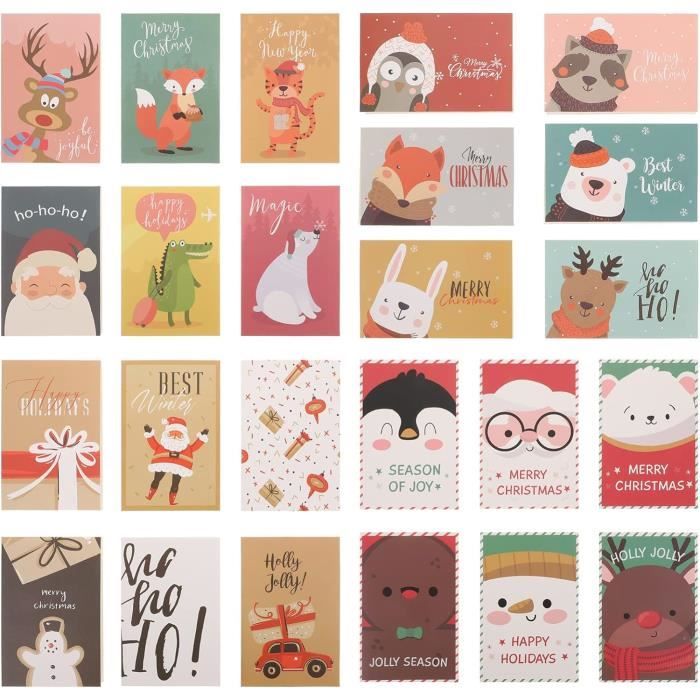 Lot 24 Cartes De Noël A6 Avec Enveloppes - Style Rétro, Motifs Bonhomme De Neige, Sapin, Intérieur Vierge, Autocollants