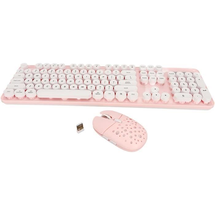 Combo Clavier + Souris Sans Fil 2.4G – 86 Touches Rétro Rondes – Souris 1200 DPI – Couleurs Mixte Rose – Compatible PC, Mac