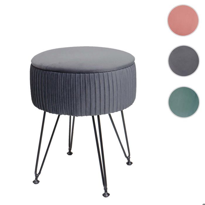 Pouf MCW-K47 Ø 33cm aspect velours gris clairs piètement noir