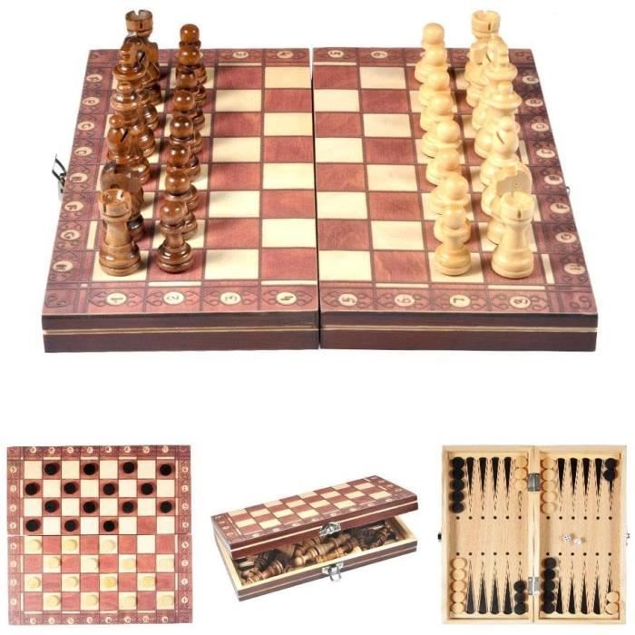 Jeu Echecs Bois 44cm Extra Large XL Dames Backgammon 3en1 Pieces Classiques