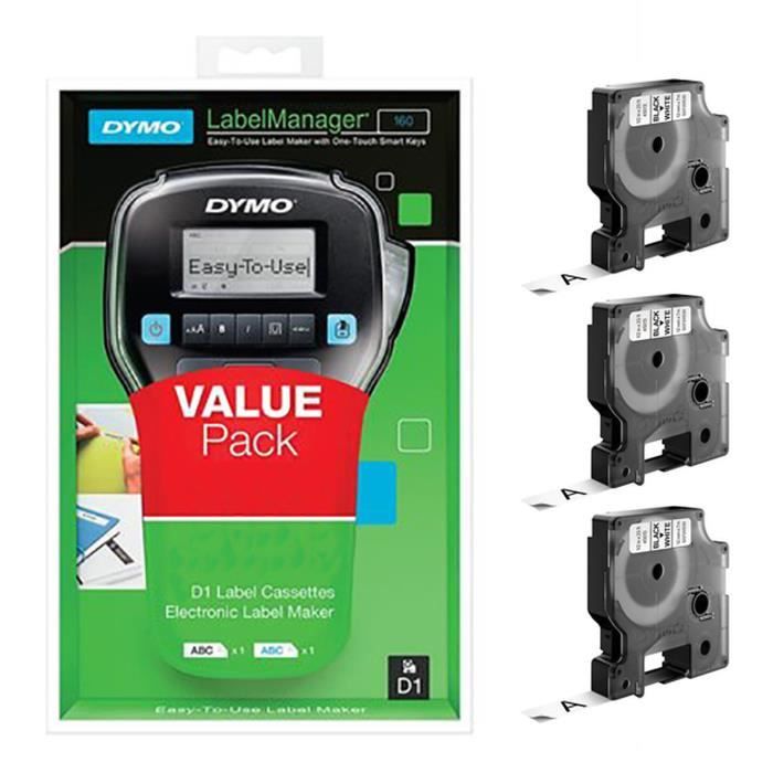 DYMO Value Pack LabelManager 160 - Imprimante à étiquettes avec clavier AZERTY + 3 rubans D1 12 mm noir sur blanc