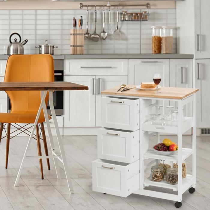 giantex desserte de cuisine en bois à roulettes, meuble de rangement avec 2 étagères, 3 tiroirs et 1 compartiment amovible, blanc