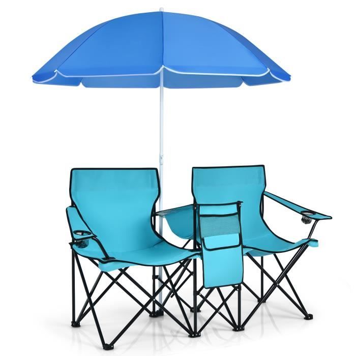 giantex chaise de camping pliante 2 place avec parasol,avec porte-gobelet,poche isotherme,fauteuil jardin portable,charge