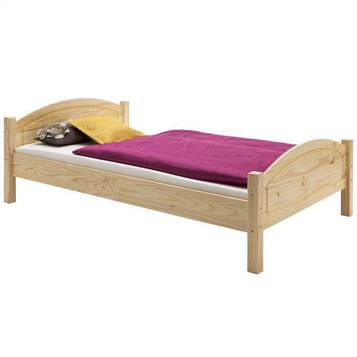 lit simple en pin massif vernis naturel - flims - 100 x 200 cm - tête et pied de lit arrondi