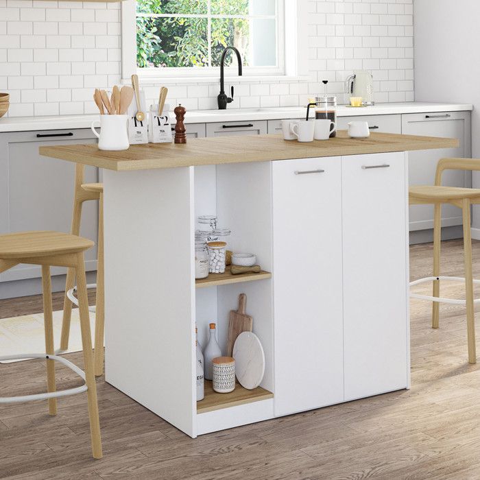 Ilot central BAO 140 cm 4 personnes bois blanc avec plan de travail façon hêtre