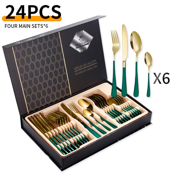 Ménagère 24 pièces Vert Or avez boîte-cadeau Ensemble de Couverts pour 6 Personnes