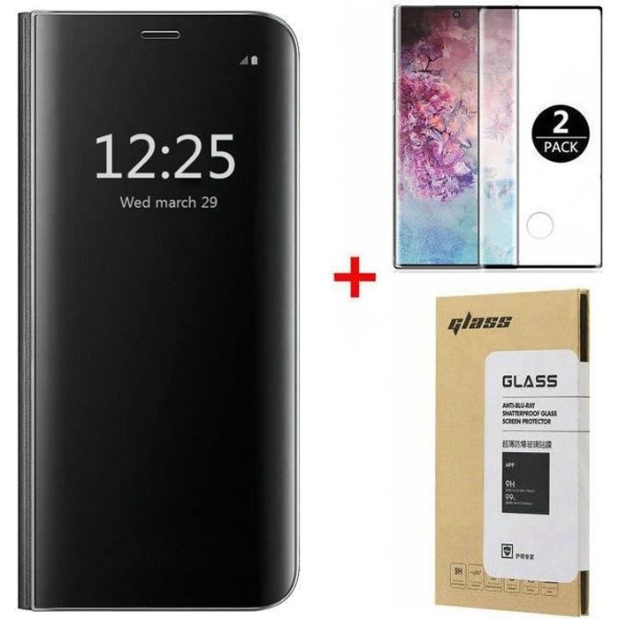Coque Samsung Galaxy Note 10, + [2 Pack] Verre trempé 3D Déverrouillage d'empreintes digitales, Miroir Flip Case Housse Étui pour