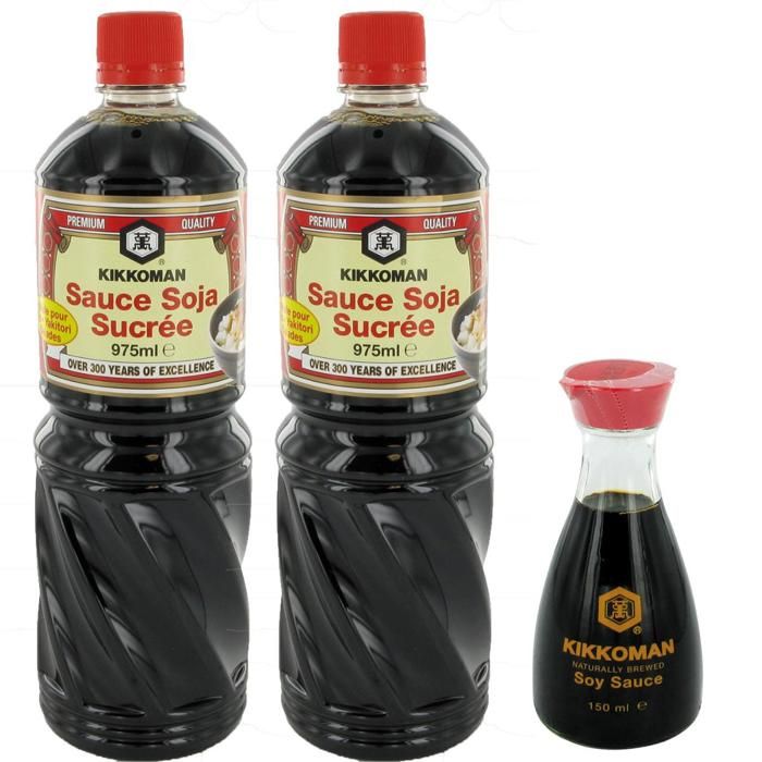 Sauce soja sucrée 975ML Marque Kikkoman Lot 2 bouteilles + 1 sauce soja salée 150ml