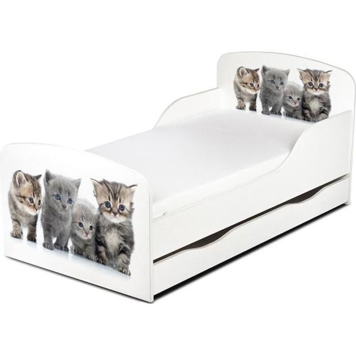 moderne lit d'enfant toddler motif famille de chats lit pour enfant avec tiroir à ranger + matelas