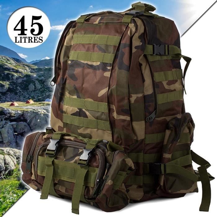 Sac à Dos Militaire Tactique 45L - Tissu 900D Imperméable - Système MOLLE - Pour Randonnée, Survie, Moto