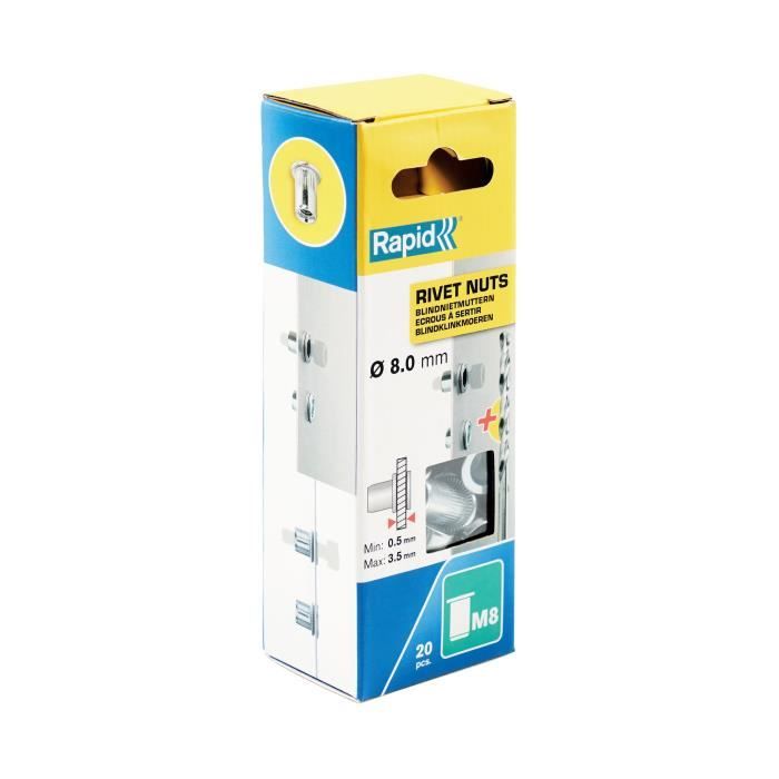 Ecrous à sertir pour vis Ø8mm RAPID M8 Boite de 20 + forêt