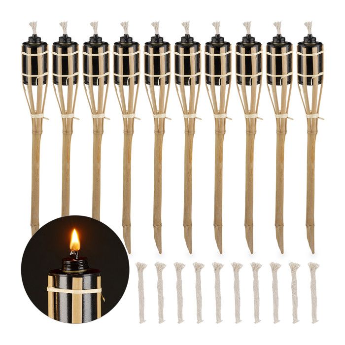 Relaxdays Torche jardin lot de 10 bambou lampe huile pour dehors avec mèches de rechange hauteur : 50 cm nature