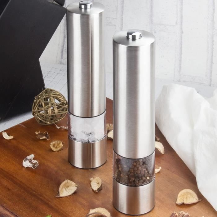 Moulin à Sel Et Poivre électrique - Lot De 2 En Acier Inox - Broyeur Céramique Réglable Avec Lumière - Utilisation à Une Main - Piles AA (non Fournies)