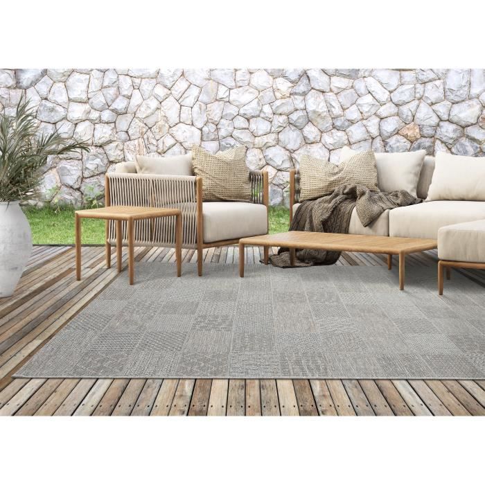 Tapis de Salon ou Terrasse en gris-beige 67x180 | Tapis plat moderne | Rectangulaire | Interieur et Exterieur - The Carpet Ottowa