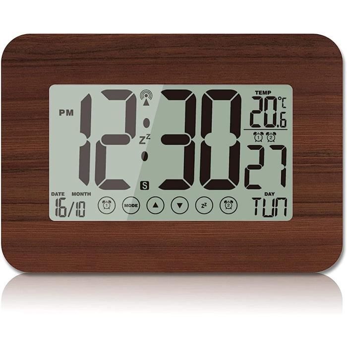 Réveil Digital Radiopiloté Grand Écran 7,5'' - Avec Température, Humidité, Calendrier - Alarme Snooze - Piles - 6