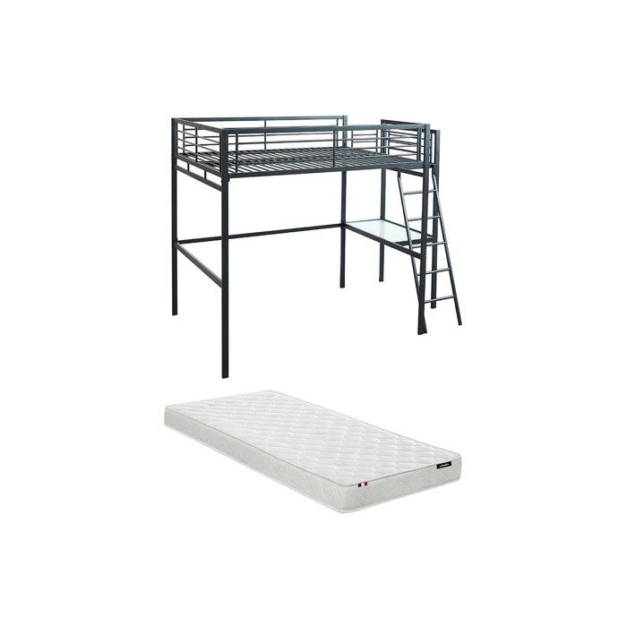 Lit mezzanine CASUAL II - 140 x 190 cm - plateforme bureau - Anthracite + matelas