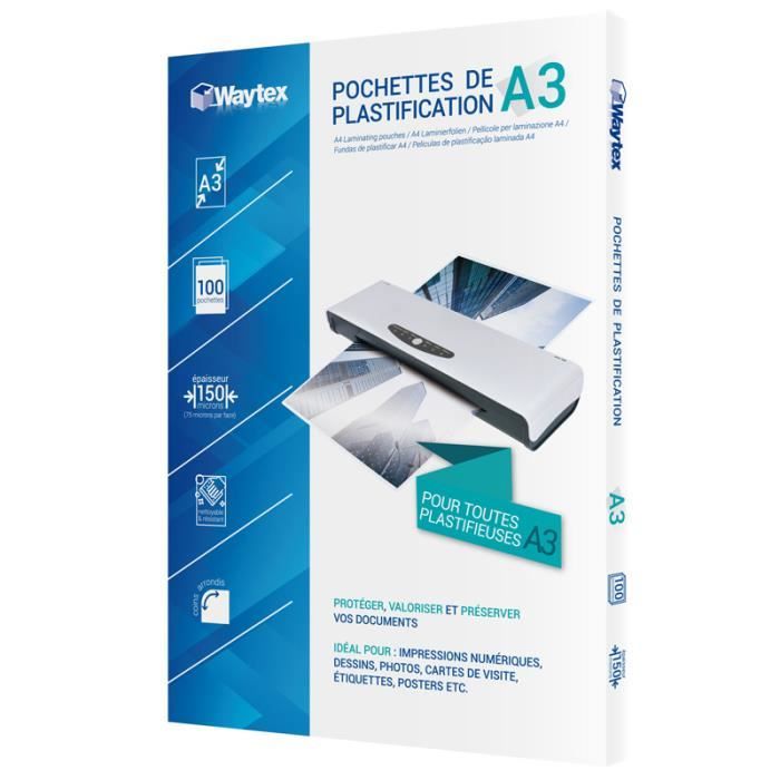 Transparente Waytex Pack de 500 Feuilles de plastification A3 75 Microns Finition Brillante