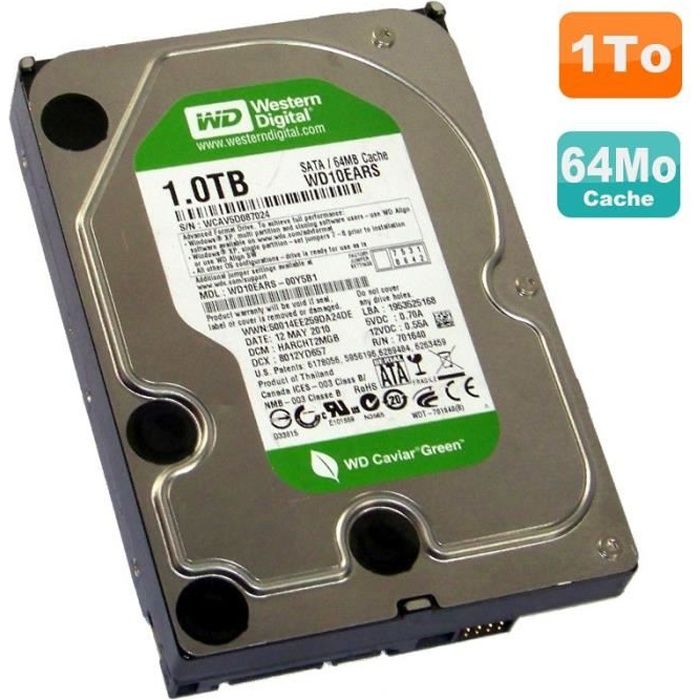 Disque Dur 1To Western Digital WD10EARS-00Y5B1 3.5 SATA Caviar Green 5400  64Mo - Cdiscount Informatique