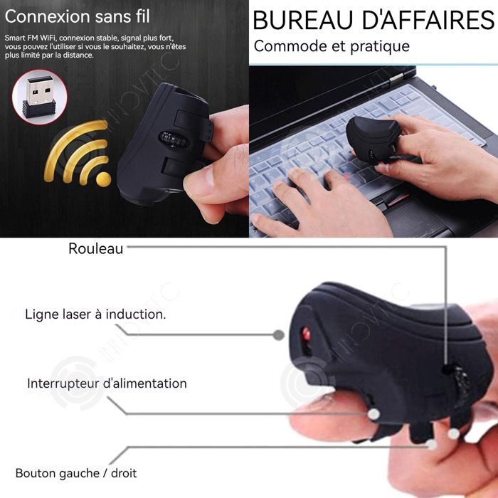 Mini Souris Optique Sans Fil 2.4G Avec Anneau Doigt - Ergonomique, Portable, Noir, Dimensions 63x26x24 Mm