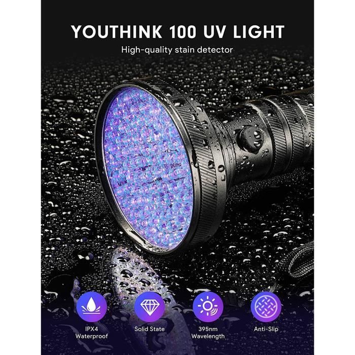 Lampe de Poche UV Lumière Noire 100 LEDs 395nm Lampe Ultraviolette