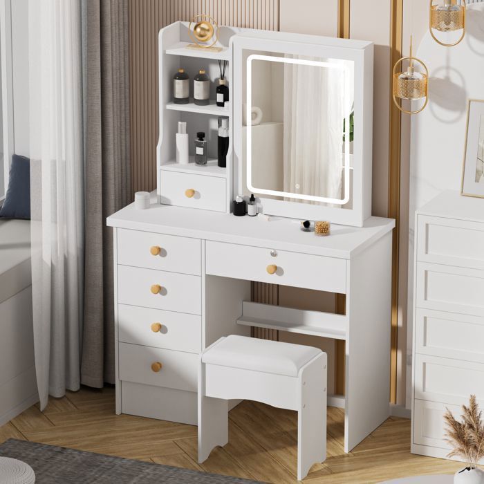 Coiffeuse avec miroir et tabouret FLASIDU, 4 tiroirs, miroir avec éclairage LED, Bois, 86x36x130cm, Blanc - Maison