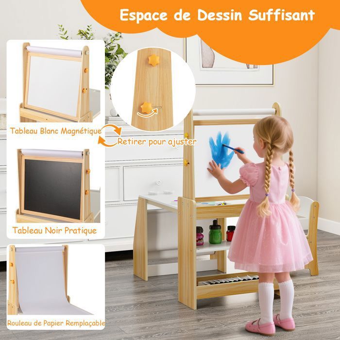 Table Enfant 3 En 1 COSTWAY Avec Chaise Éléphant - Tableau Amovible, Porte-Rouleau Papier Et Rangement - Idéal Pour Dessiner Et Jouer