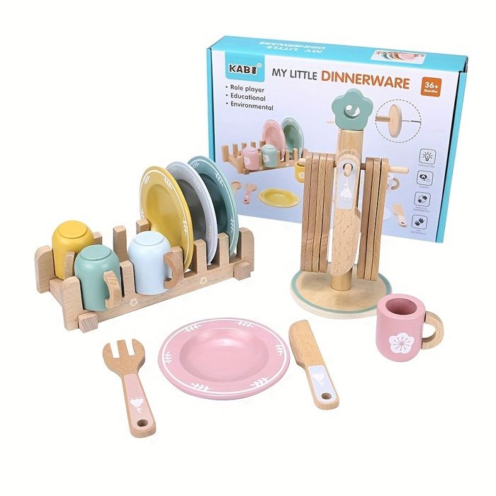 Jouet De Cuisine En Bois Pour Enfants GAGAKU - Ensemble 26 Pièces (Assiettes, Couverts...) - Jeu De Rôle 3+ Ans