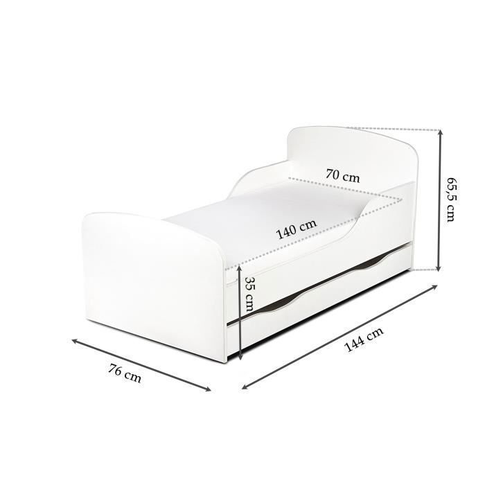 Lit Enfant 140x70cm Motifs Papillons - Lit Fille Avec Matelas Inclus - Bois Blanc Décoratif