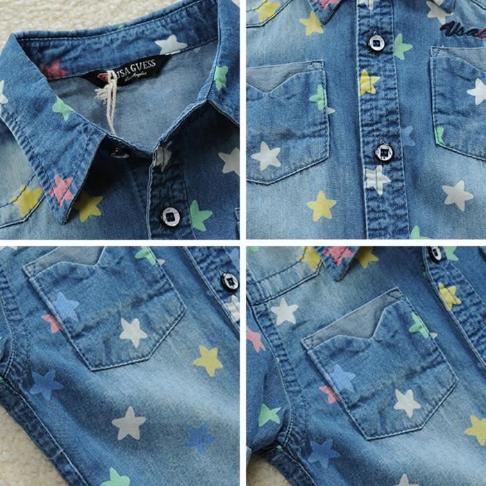 Veste En Jean Enfant à Carreaux Manches Longues - Bleu Clair - Style Hiver/Été